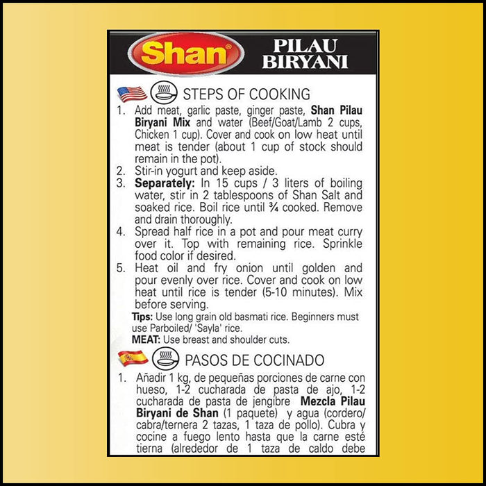 Shan Pilau Biryani Recipe and Seasoning Mix 1.76 oz (50g) - Spice Powder for Mughal Style Meat Layered Pilaf - Suitable for Vegetarians - Airtight Bag in a Box