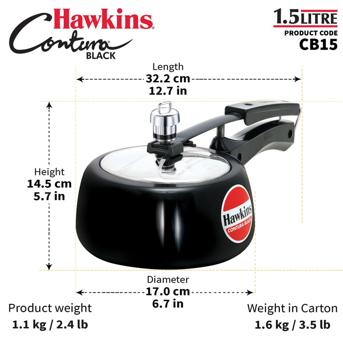 Hawkins CB15 Hard Anodised Pressure Cooker, 1.5-Liter, Contura Black