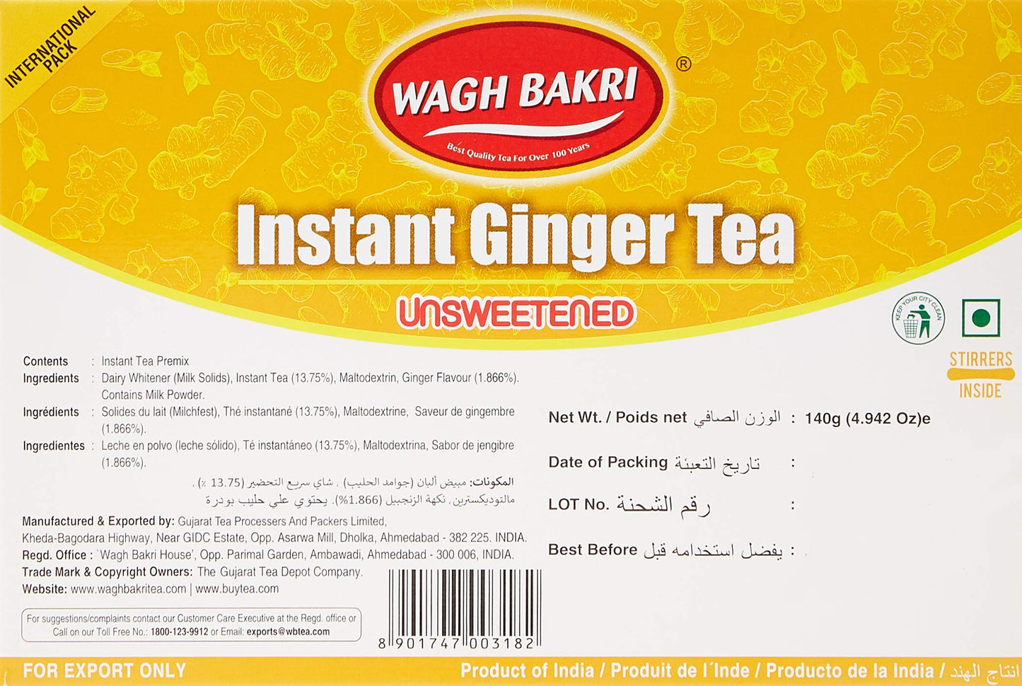 Wagh Bakri Instant Ginger tea UNSWEETENED 10 sachets - Indian Tea