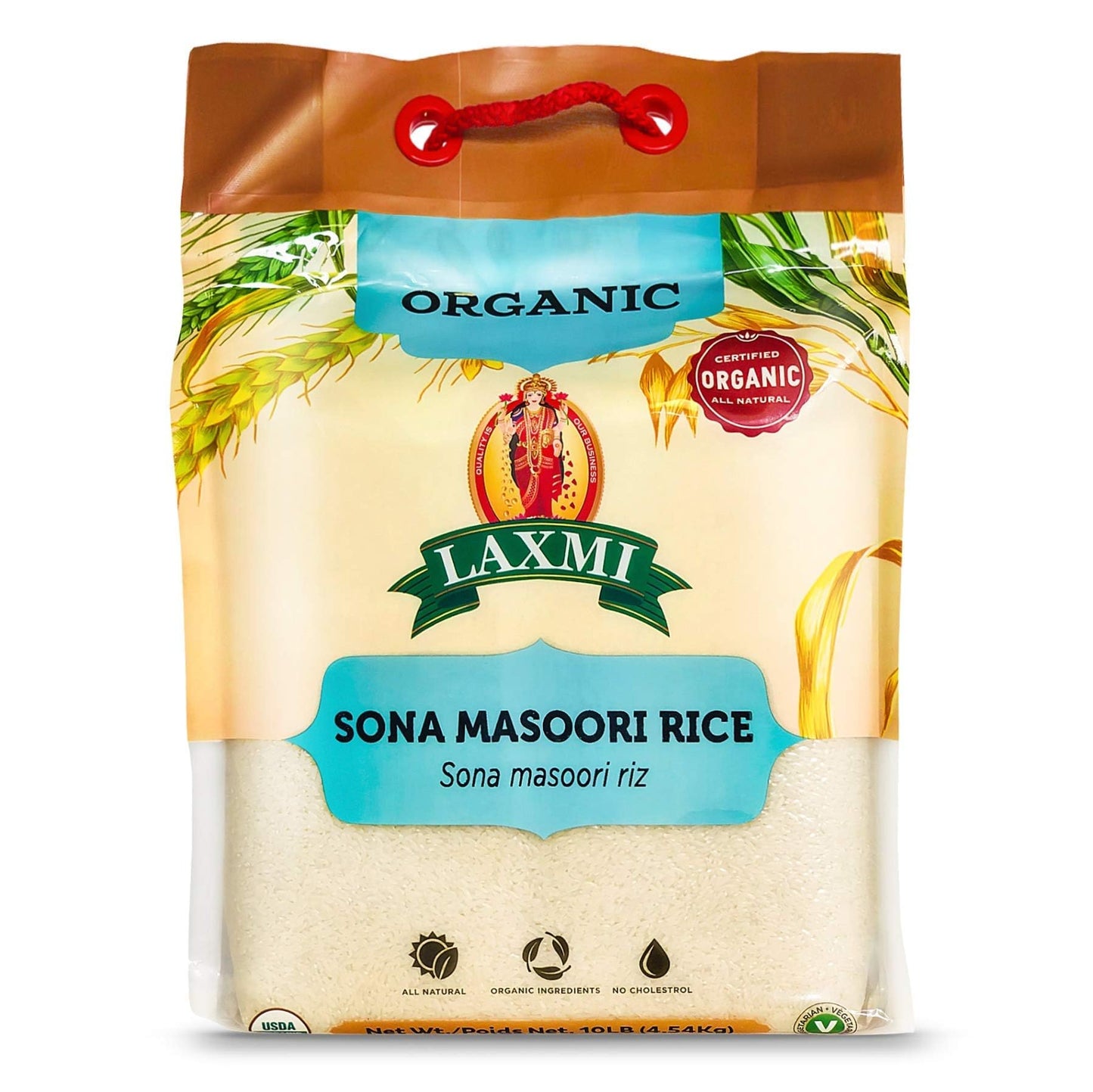 Laxmi Organic Sona Masoori Rice, All Natural, Organic Ingredients, No Cholesterol, USDA Organic, Vegetarian (10lbs)