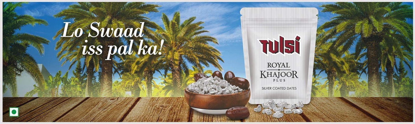 Tulsi Royal Khajoor Plus Silver Coated Dates | Pack of 24 Sachet.