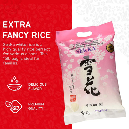 SEKKA Extra Fancy Medium Grain white Rice - Japanese Premium quality uncooked Rice | Milled Rice, Sweet and Chewy | Low Fat, Perfect for Authentic Asian Cuisine, 15 lb -(Pack of 1)