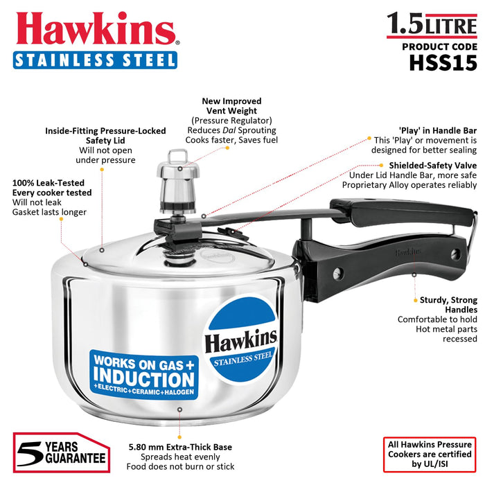 Hawkins Stainless Steel Pressure Cooker, 1.5 Liter, Silver