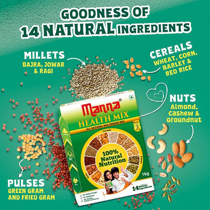 Manna Health Mix | 100% Natural Multigrain Nutrition Drink for Kids | Multi Millet Health Drink Mix Powder 1kg | 14 Natural Ingredients | Millets, Nuts, Cereals & Pulses | Sathu Maavu | Porridge Mix | Without Preservatives & Added Sugars 1Kg Pack 2.2 lb