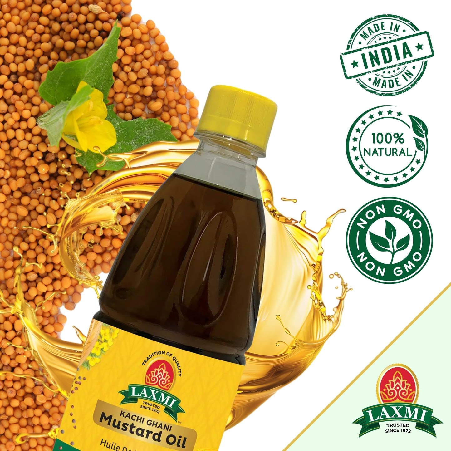 LAXMI Mustard Oil – 17 oz – Natural, Unrefined, Non-GMO, Cold Pressed - Made from Pure Mustard Seeds - Versatile for Cooking and Traditional Use