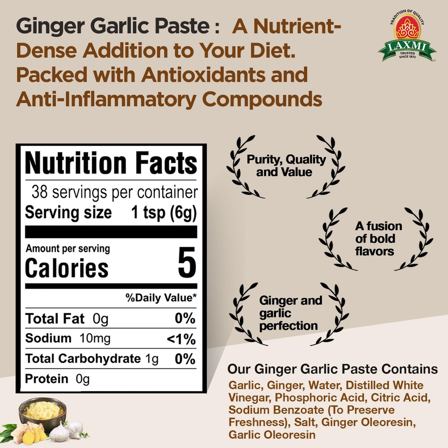Laxmi Ginger Garlic Paste, 8 oz | Ginger and Garlic Paste in a Jar | Garlic and Ginger Paste for Cooking | A pure fresh staple