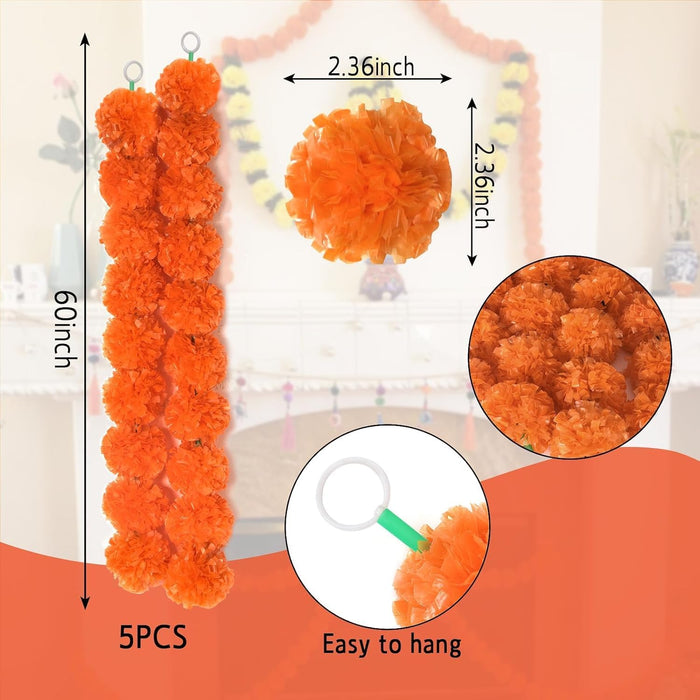 5Pcs Marigold Garland for Decoration, 5 Feet Artificial Marigold Flowers Diwali Decorations for Home, Orange Artificial Marigold Heads for Diwali Party,Indian Weddings, Halloween,Wreath