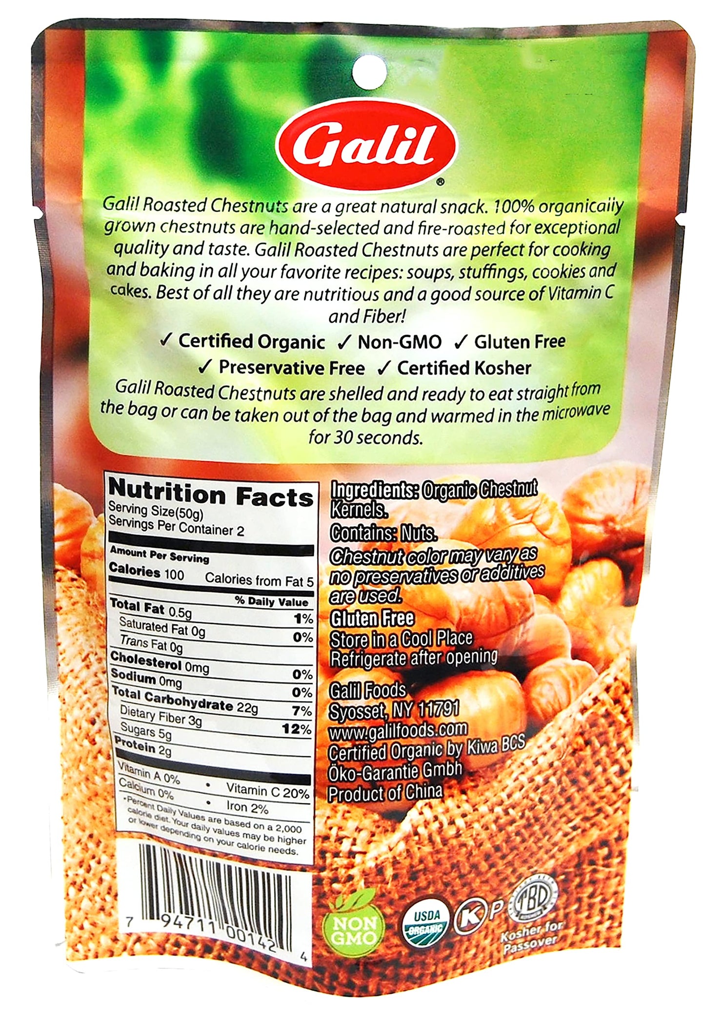 Galil Organic Roasted Chestnuts Pack of 12 Shelled & Ready to Eat - Gluten Free, Vegan, Organic, Non-GMO, Kosher Snacks - Great for Baking, Cooking & Turkey Stuffing 3.5oz Bags