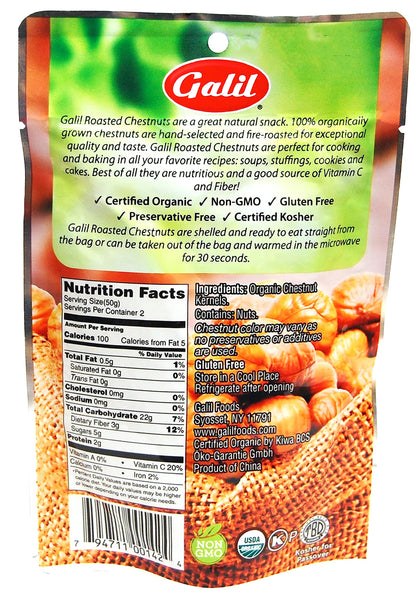 Galil Organic Roasted Chestnuts Pack of 12 Shelled & Ready to Eat - Gluten Free, Vegan, Organic, Non-GMO, Kosher Snacks - Great for Baking, Cooking & Turkey Stuffing 3.5oz Bags