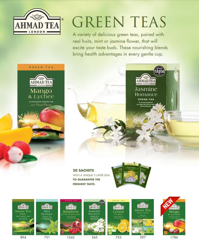 Ahmad Tea Green Tea, Mango and Lychee Teabags, 20 ct (Pack of 6) - Caffeinated and Sugar-Free