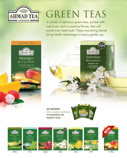 Ahmad Tea Green Tea, Mango and Lychee Teabags, 20 ct (Pack of 6) - Caffeinated and Sugar-Free