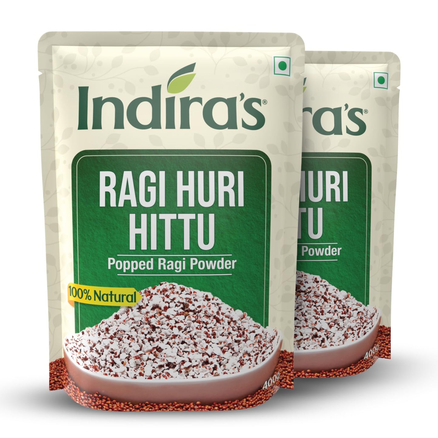 INDIRA Indira??s Ragi Huri Hittu, Tasty Popped Ragi Flour (400g Each, Pack of 2), Sugar Free Ragi Malt Mix, Instant Ragi Porridge Mix, Ragi Laddu Mix, Popped Finger Millet