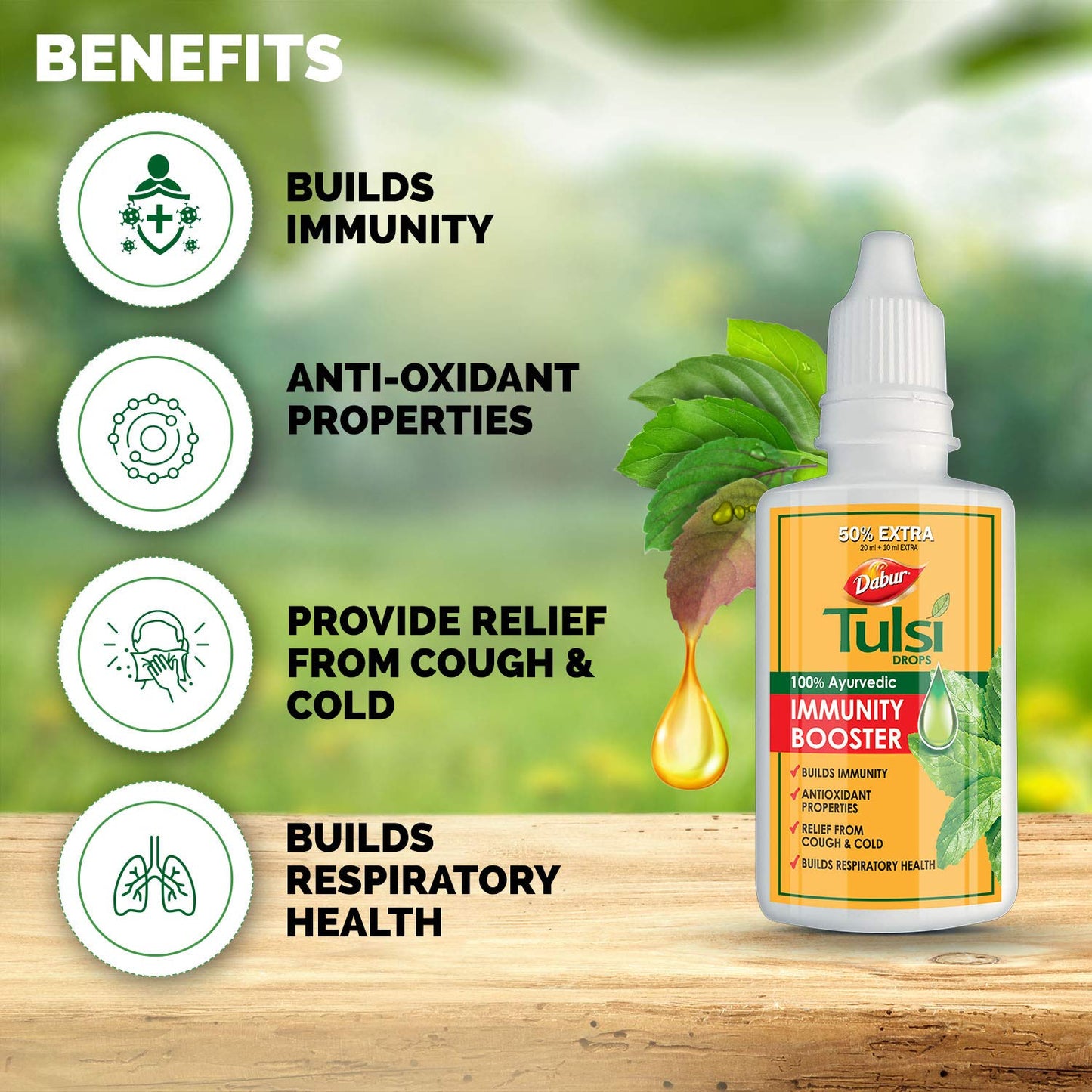 Dabur Ayurvedic Tulsi( Basil) Drops 30ml | Builds Immunity, Antioxidant, Cold