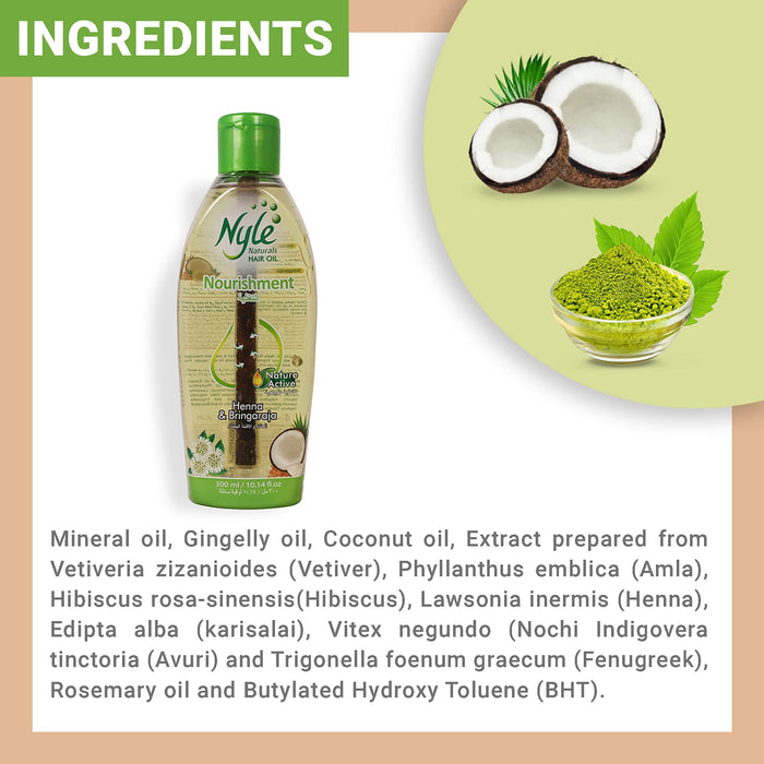 Nyle Nourishment Hair Oil with goodness of natural extracts of Coconut, Henna and Bringaraja (300ml)(10.14 fluid ounces)