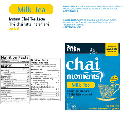 Tea India Chai Moments Milk Tea Instant Chai Tea Powder With Milk And Sugar Instant Latte Mix Flavorful Blend Of Black Tea & Natural Ingredients Traditional Indian Tea Individually Wrapped 10 Sachets