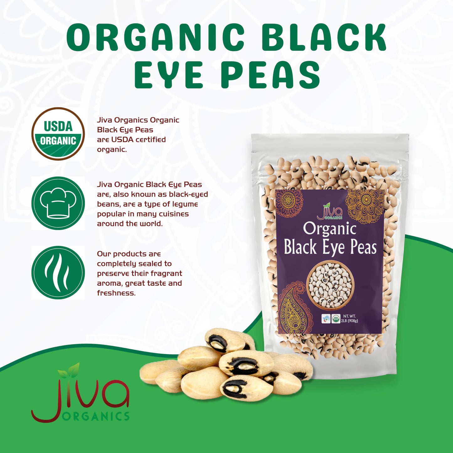 Jiva Organics Organic Black Eye Peas 2 Pound Bag - Cowpeas, Non-GMO, Natural