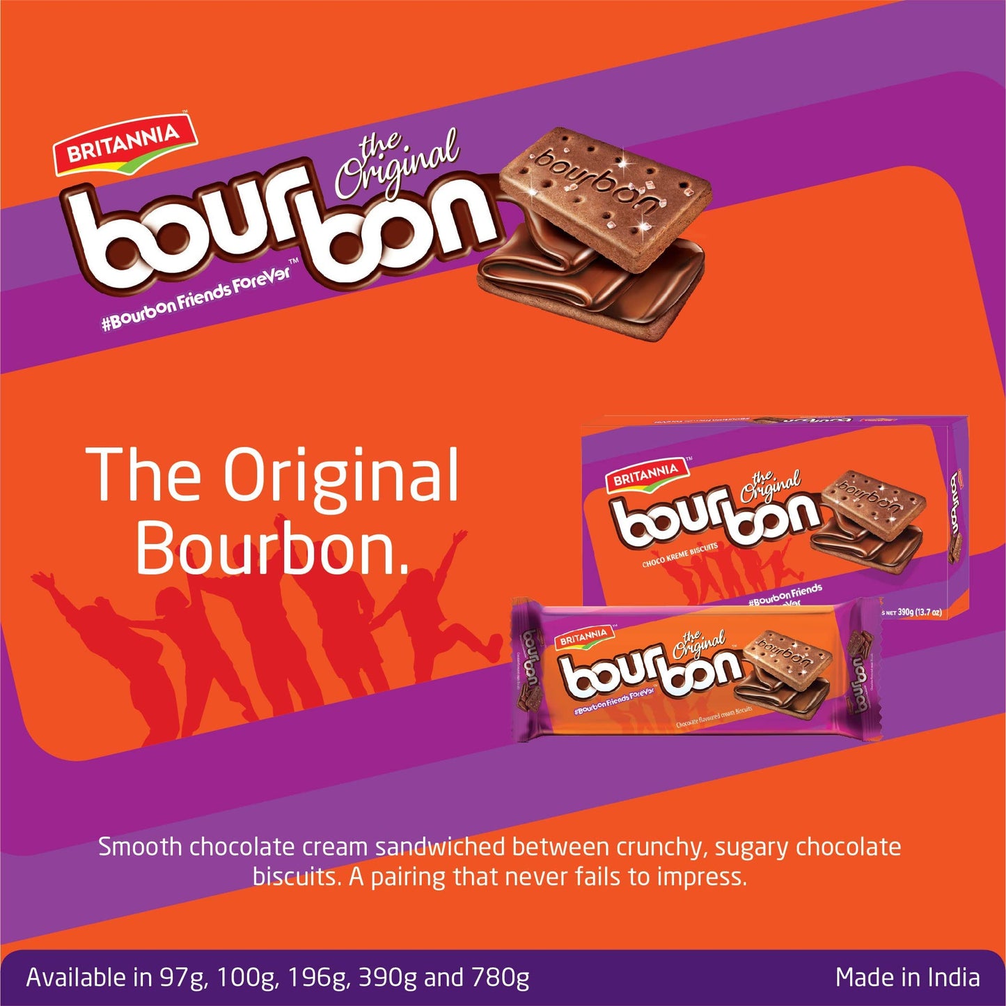 BRITANNIA Bourbon the Original - Choco Creme Biscuits 3.42oz (97g) - Smooth Chocolate Cream Biscuits for Breakfast & Snacks - Topped with Sugar Crystals (Pack of 6)