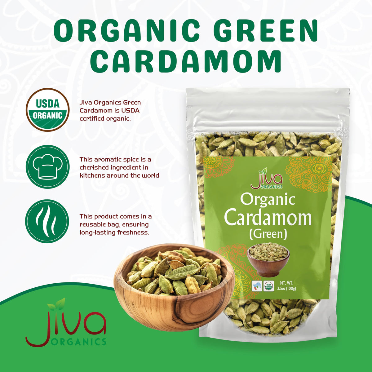 Jiva Organic Green Cardamom Pods Whole - Non-GMO, Premium Quality, Jumbo Size - 3.5 Ounce Bag