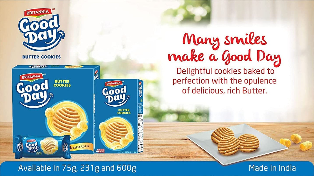 BRITANNIA Good Day Butter Cookies 2.6oz (75g) - Breakfast & Tea Time Snacks - Delicious Grocery Cookies - Halal and Suitable for Vegetarians (Pack of 6)