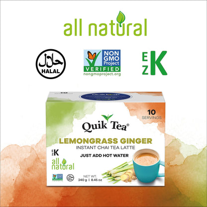 Quik Tea Lemongrass Ginger Instant Chai Tea Latte - 10 Count Single Box - All Natural Digestion Tea | Just add hot water
