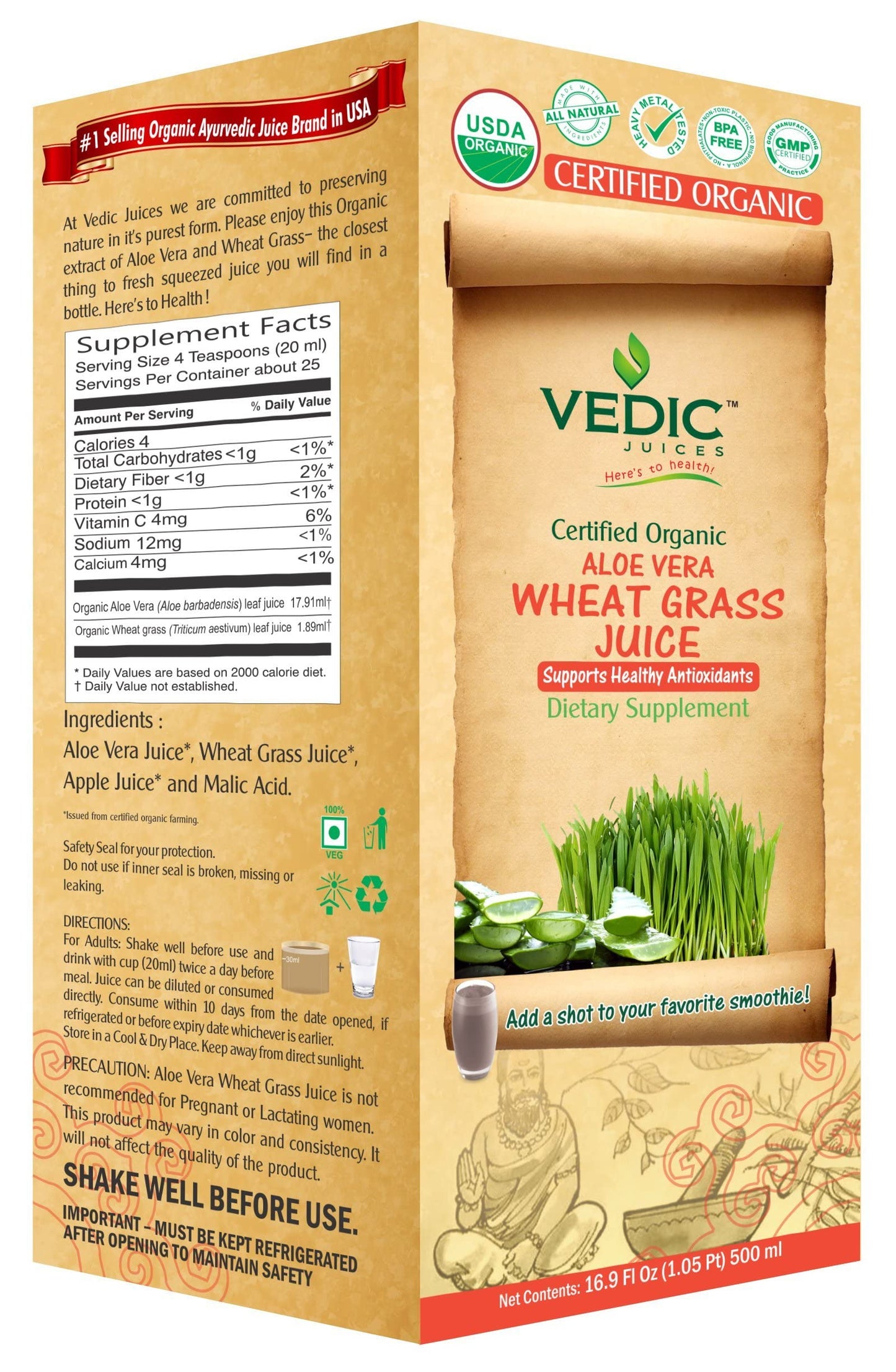 Vedic Organic Aloe Wheat Grass | Supports Healthy Antioxidants 500ml