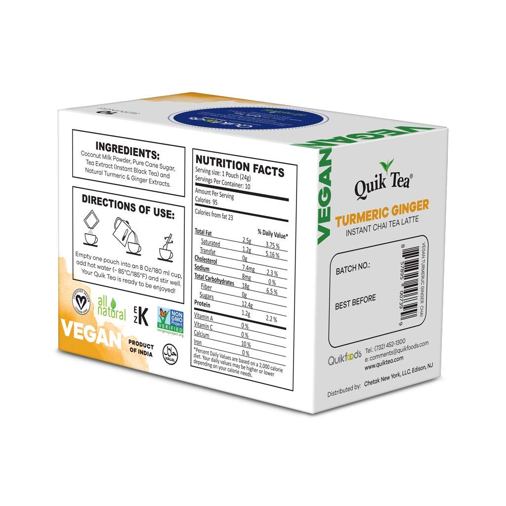 Quik Tea Vegan Turmeric Ginger Instant Chai Tea Latte - 10 Count Single Box - Convenient, Easy Ayurvedic Dairy Free Alternative