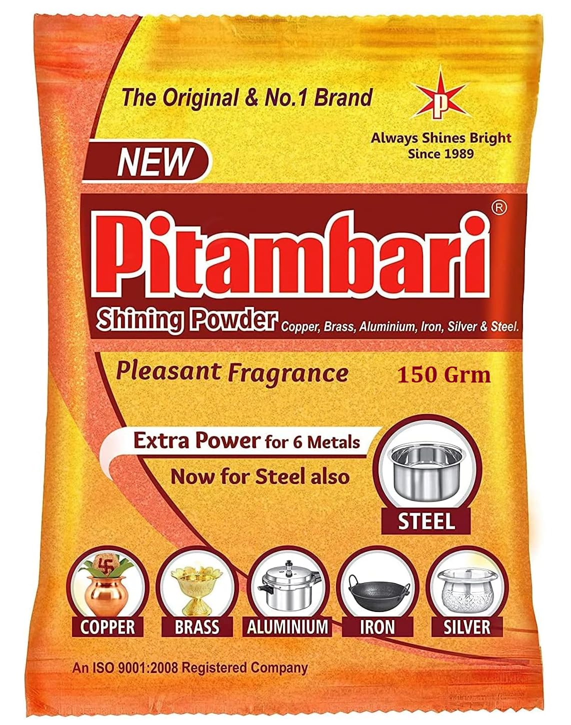 Pitambari Shining Powder for 6 Types of Metals (Copper, Brass, Steel, Iron, Silver, Aluminum) for Puja Utensils - 150Grm