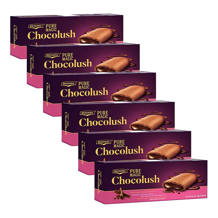 BRITANNIA Pure Magic Chocolush Biscuits 2.64oz (75g) - Biscuits fourrs au chocolat - Magic of Molten Choco - Halal and Suitable for Vegetarians (Pack of 6)