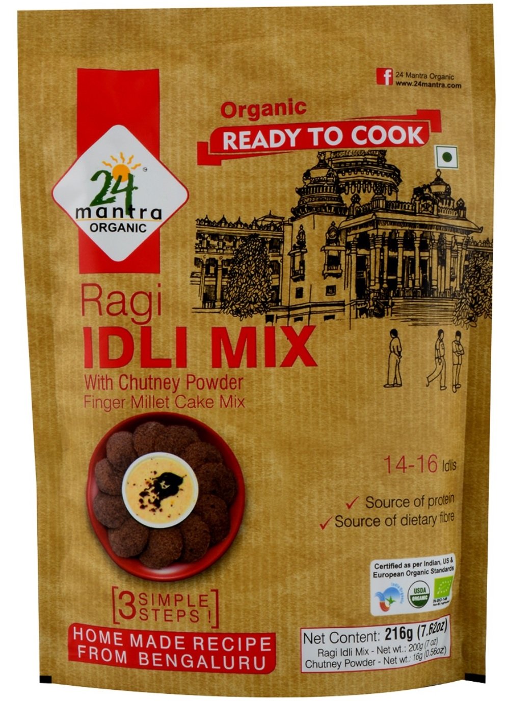 24 Mantra Organic Ragi Idli Mix 216 Gram, 3 Simple Steps To Make 14 To 16 Ragi Idlis - 24 Mantra