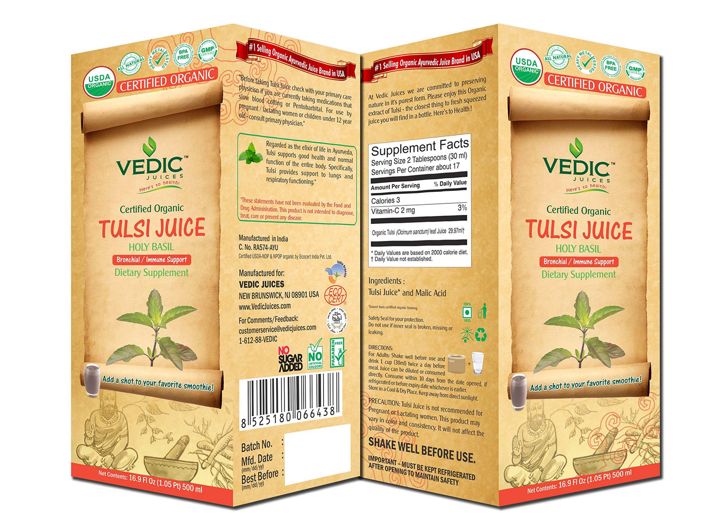 Vedic Organic Tulsi Juice | Bronchial Immune Support 500ml