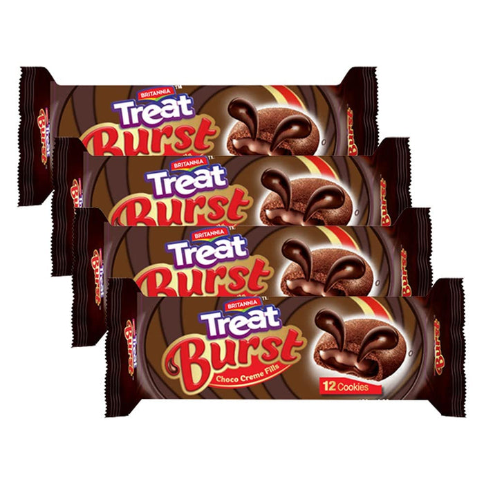 BRITANNIA Treat Burst Sandwich Biscuits 4.23oz (120g) - Choco Cream Fills - Breakfast & Tea Time Snacks - Delicious Grocery Cookies (Pack of 4)