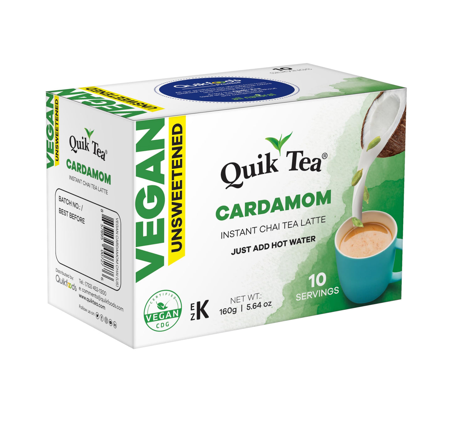 QuikTea Vegan Unsweetened Cardamom Instant Chai Tea Latte - 10 Count Single Box - Easy Ayurvedic Dairy Free Alternative