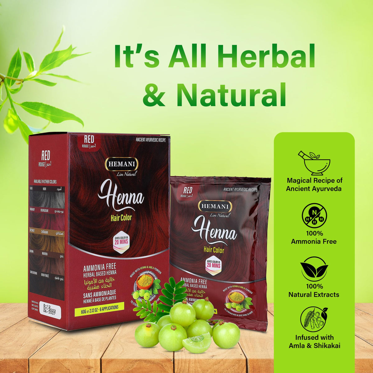 HEMANI Hair Henna Color 2.12 OZ (60g) 6 Applications, Colors in 20 Minutes - Ammonia Free - Herbal Based Henna (Red)