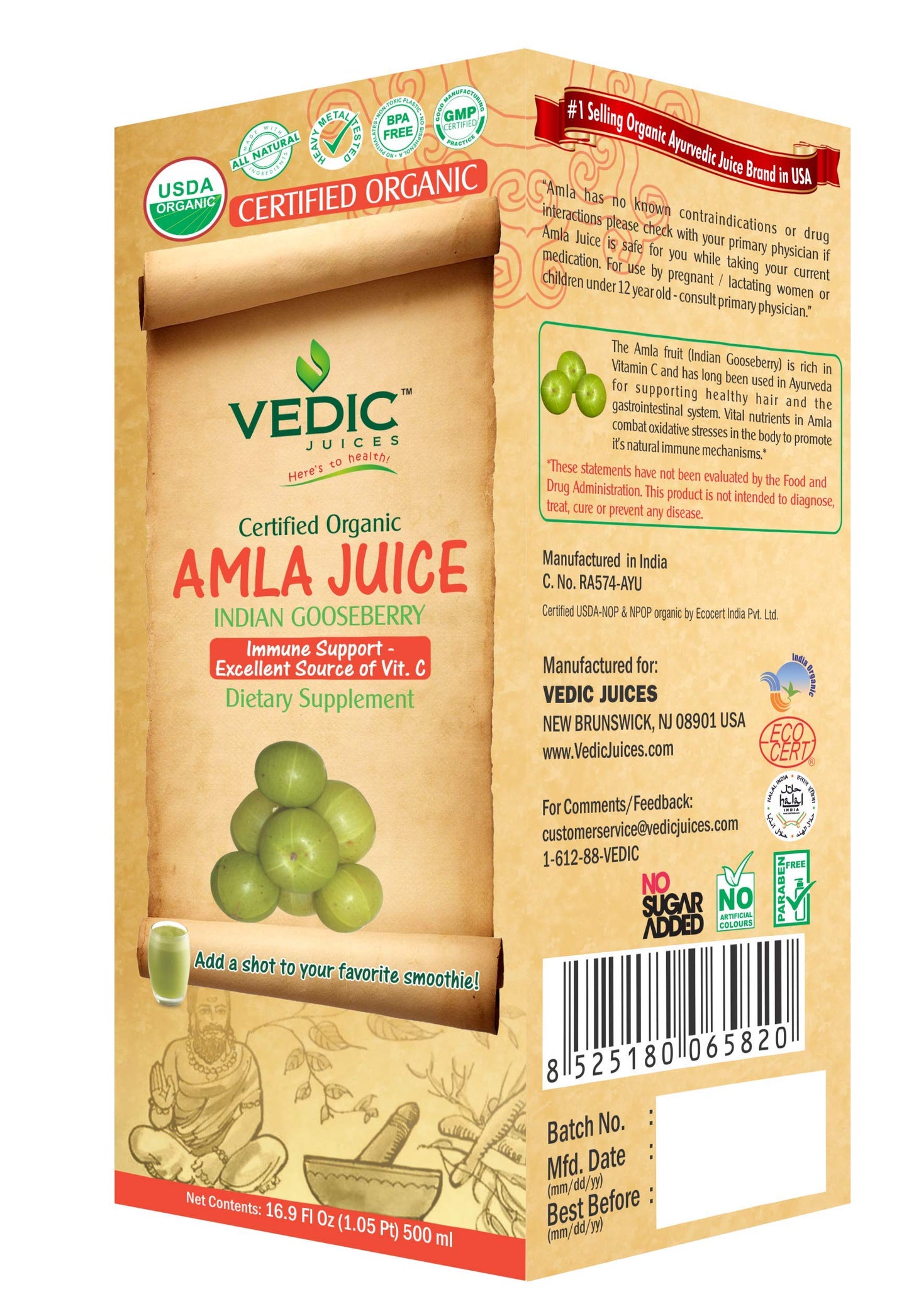 Vedic Organic Amla Juice | Immunity Boosting, Excellent Source of Vitamin C 500ml