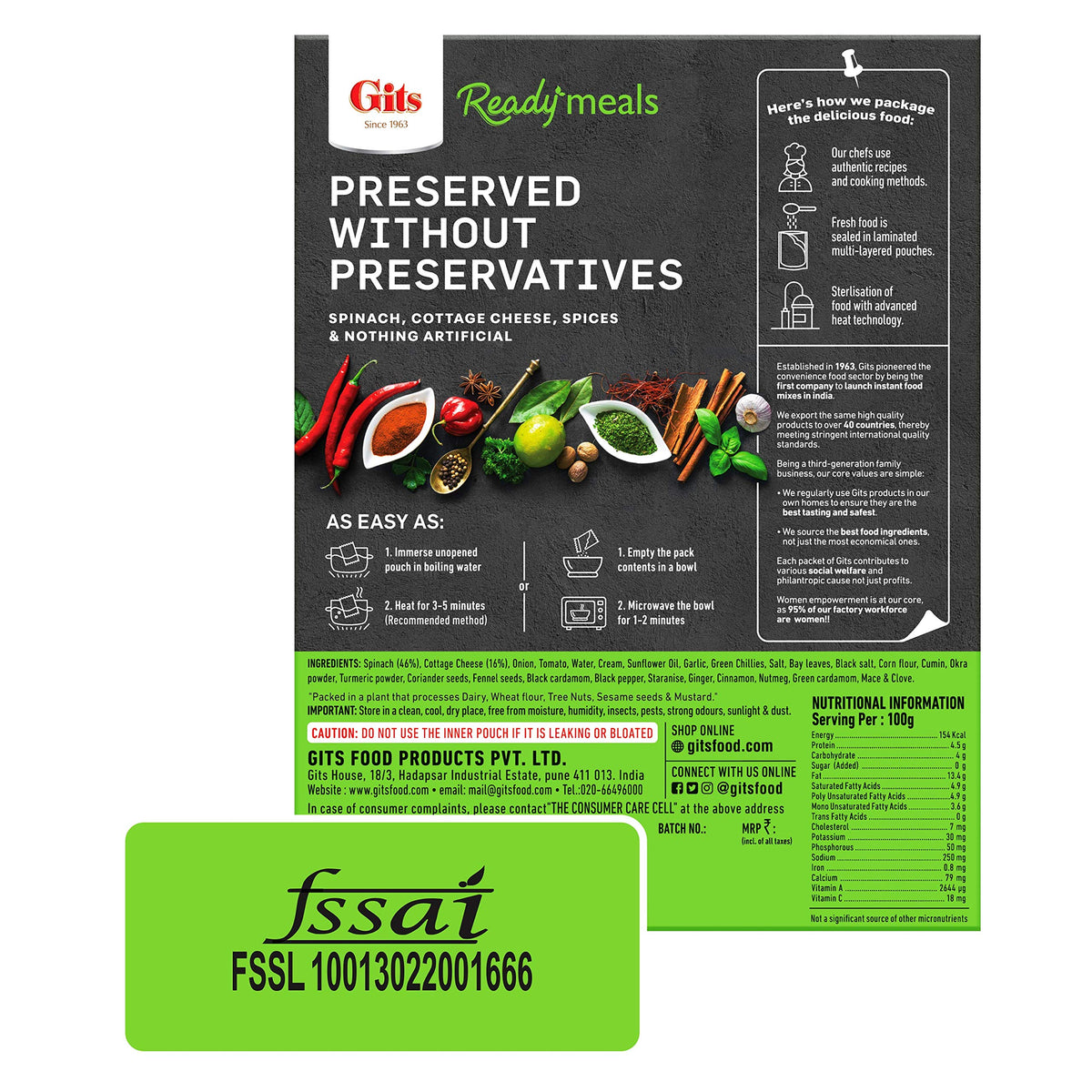 Gits Ready to Eat Palak Paneer, 855g (Pack of 3 X 285g Each)