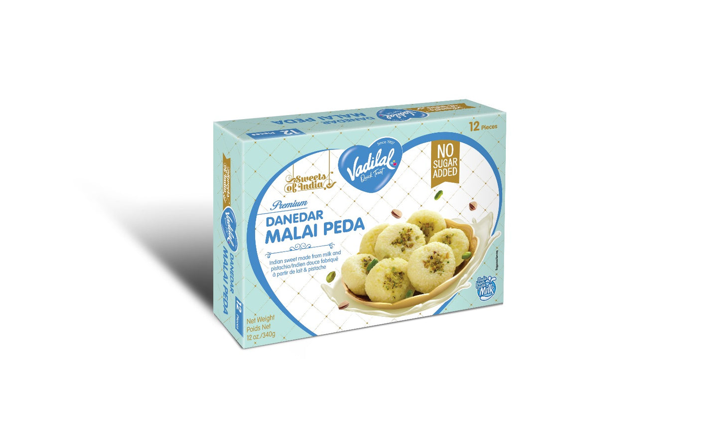 Vadilal NO Sugar Added Danedar Malai Peda 340gm Authentic Indian Sweet Made from Milk and Pistachio