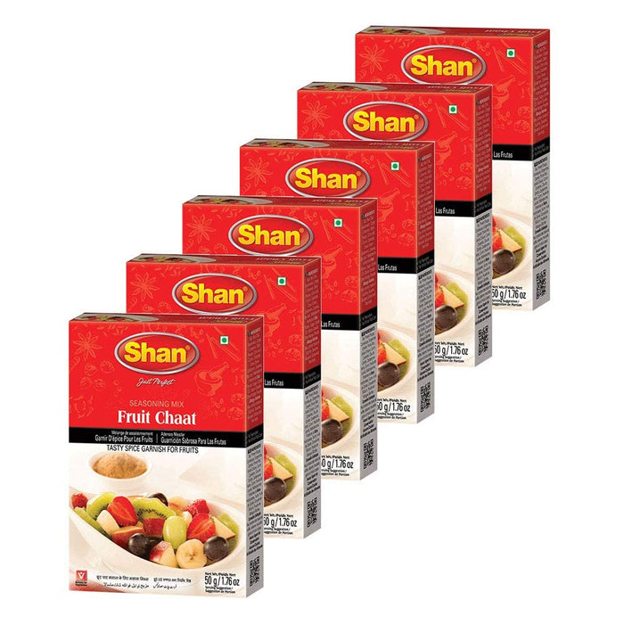 Shan Fruit Chaat Seasoning Mix 1.76 oz (50g) - Spice Powder for Tasty and Spicy Garnish for Fruits Salad - Suitable for Vegetarians - Airtight Bag in a Box (Pack of 6)