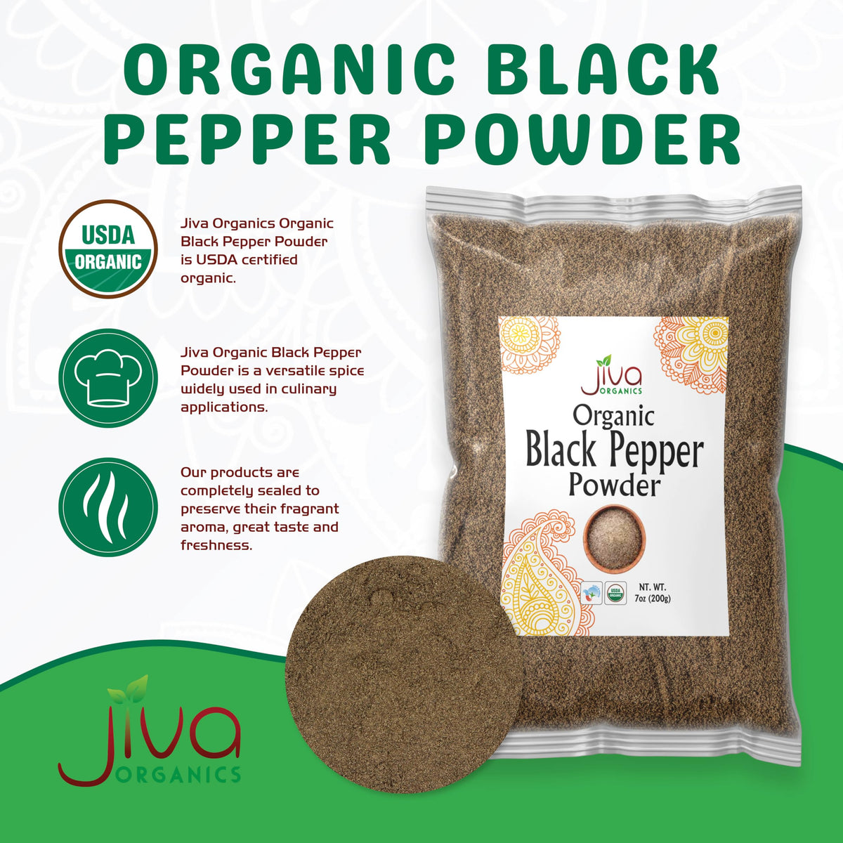 Jiva Organics Black Pepper Powder Ground (Table Grind) 7 Ounce