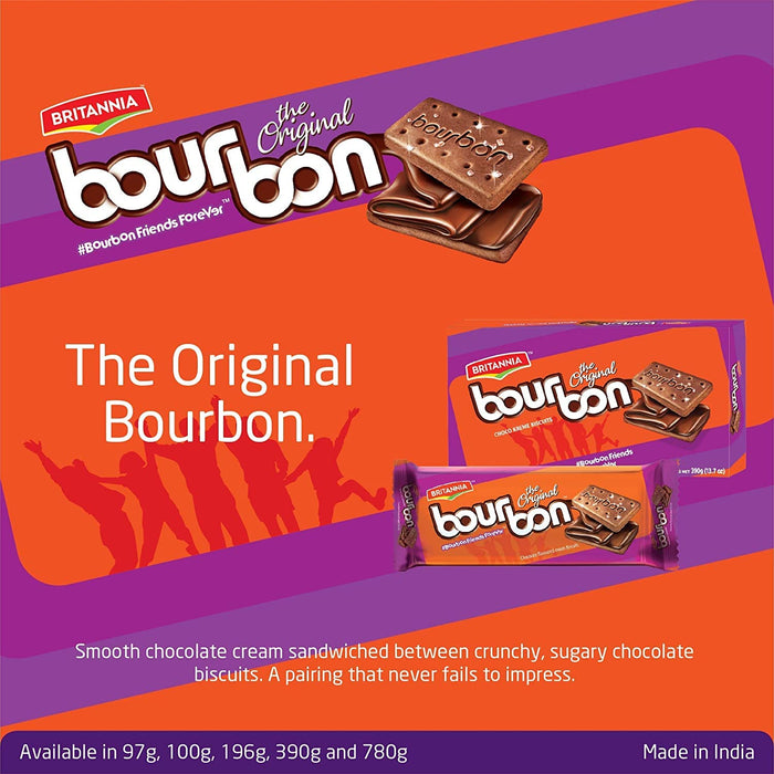 Britannia Bourbon the Original - Choco Creme Biscuits 3.42oz (97g) - Smooth Chocolate Cream Biscuits for Breakfast & Snacks - Topped with Sugar Crystals (Pack of 12)