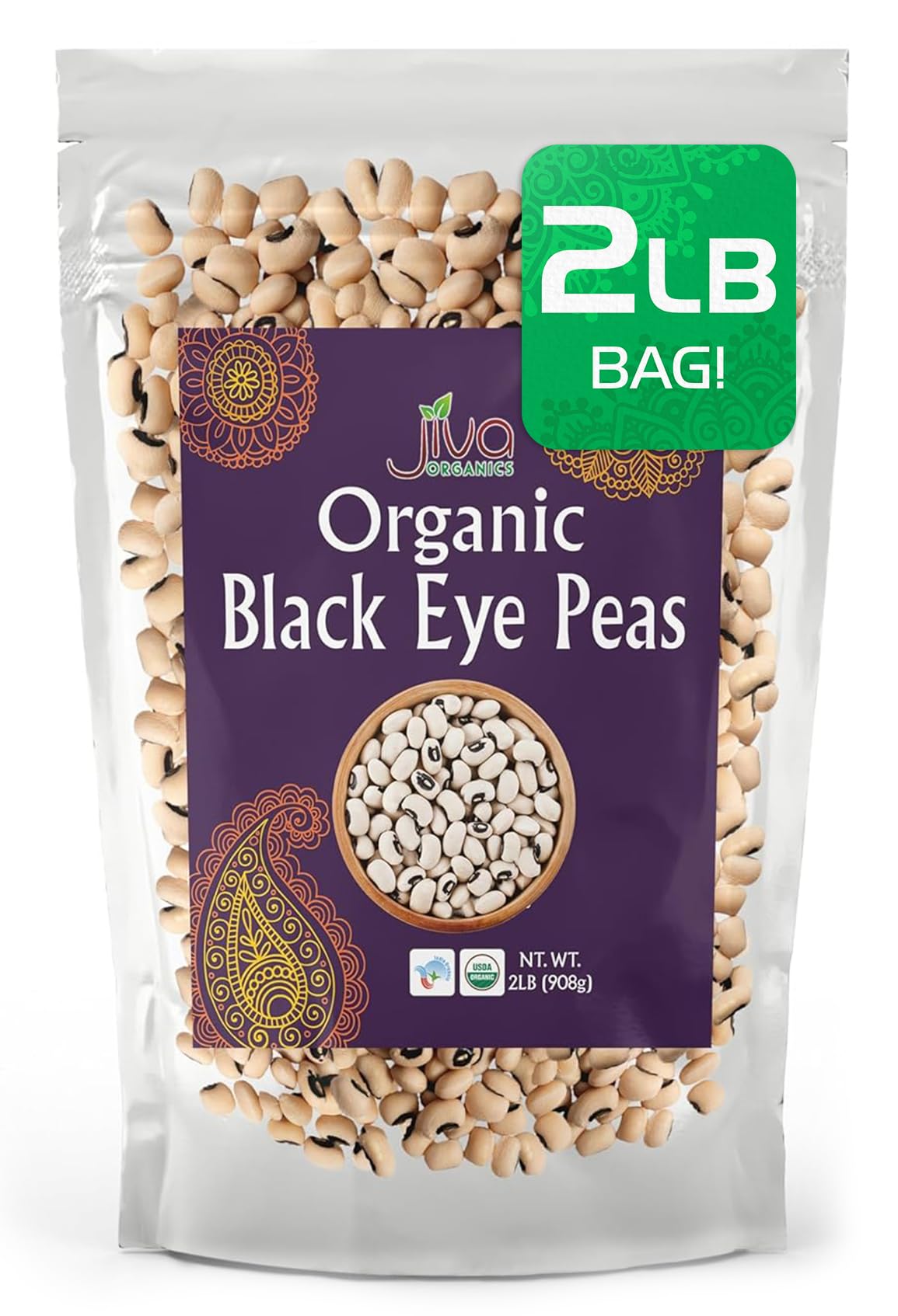 Jiva Organics Organic Black Eye Peas 2 Pound Bag - Cowpeas, Non-GMO, Natural
