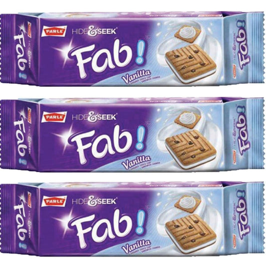 Parle Hide and Seek, Fab! Flavored Chocolate Chip Covered Cookies, Product of India, 3 Packs (Vanilla)