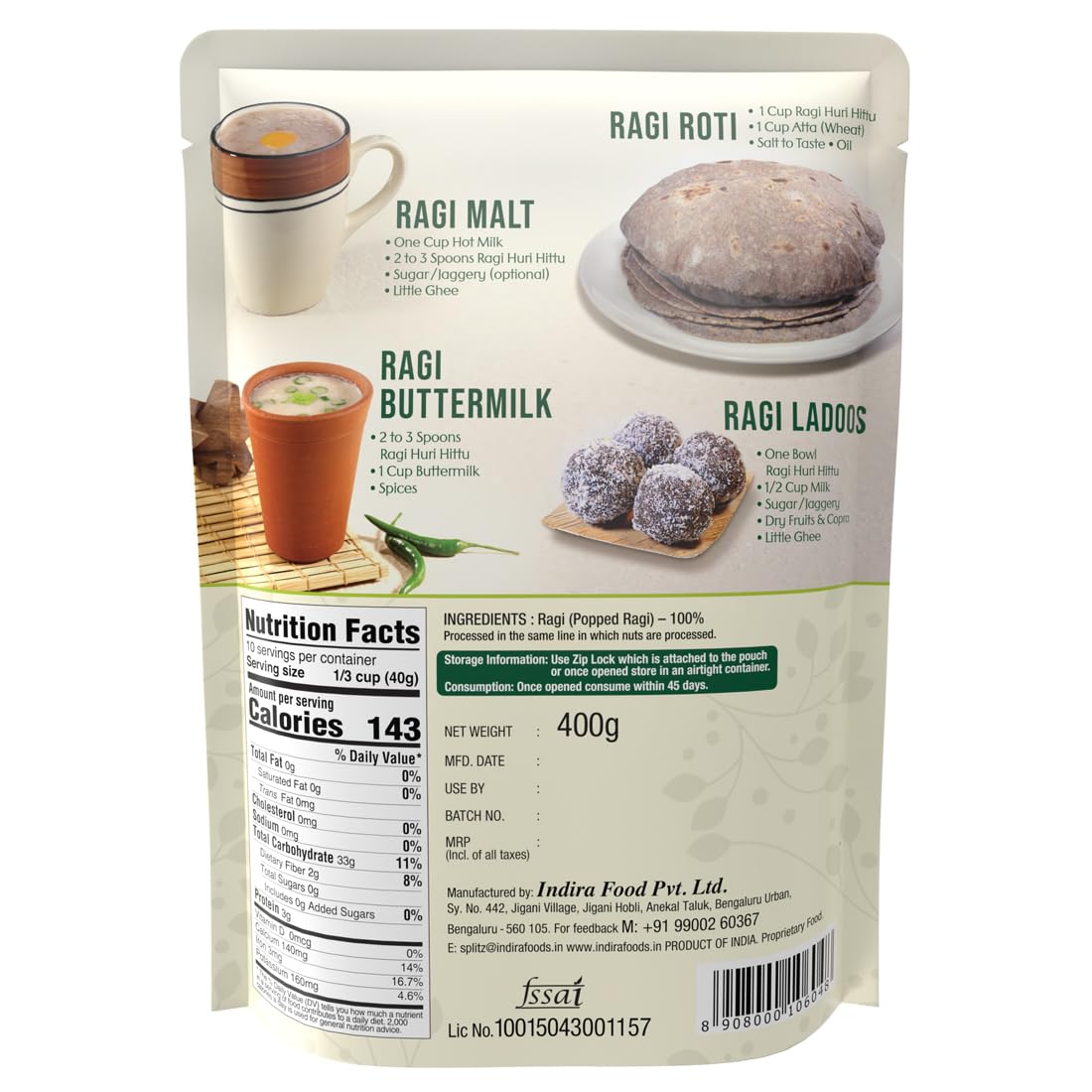 INDIRA Indira??s Ragi Huri Hittu, Tasty Popped Ragi Flour (400g Each, Pack of 2), Sugar Free Ragi Malt Mix, Instant Ragi Porridge Mix, Ragi Laddu Mix, Popped Finger Millet