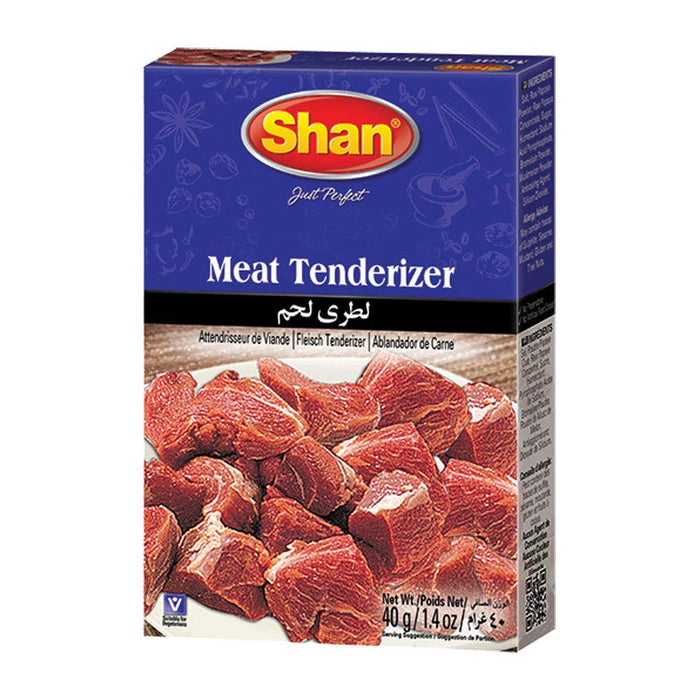 Shan Meat Tenderizer Seasoning Mix 1.4 oz (40g) - Double Strength Tenderizing High Altitude Cooking Powder - Suitable for Vegetarians - Airtight Bag in a Box