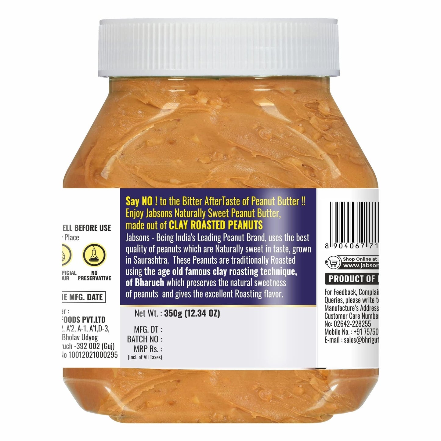 Jabsons - Crunchy Peanut Butter, 350g (12.34 oz) Gluten Free, 0 Trans Fat, Made with Clay Roasted Peanuts