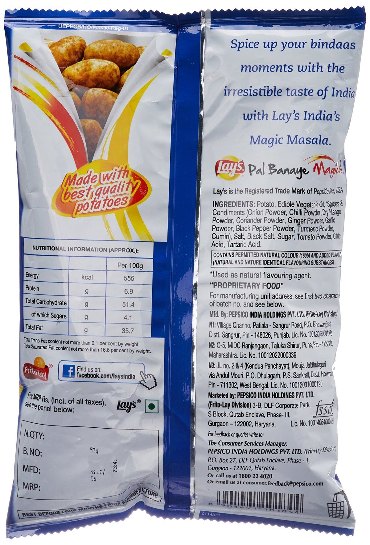 Lay's Potato Chips - India's Magic Masala - 52 gm Pack - [Pack of 10], 1.83 Ounce (Pack of 10)