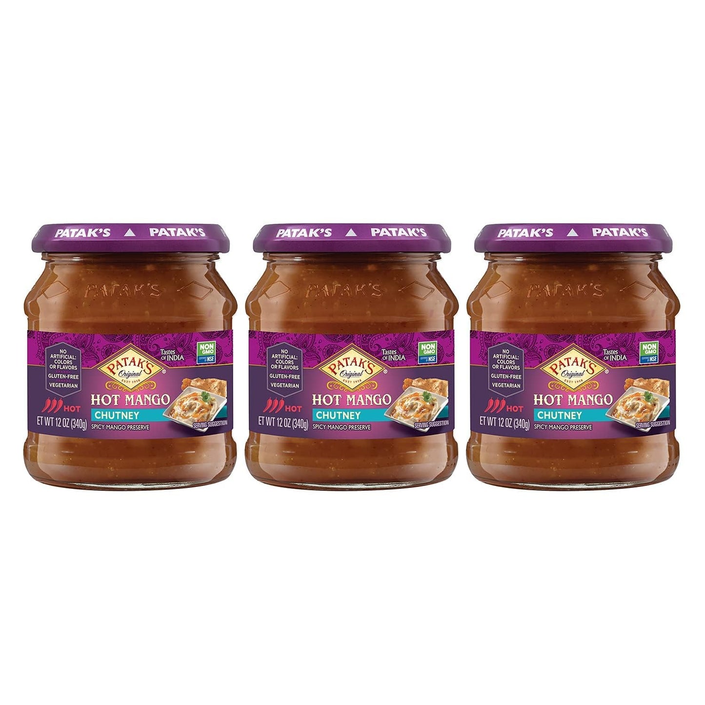 Patak's Hot Mango Chutney - 12 Oz (Pack of 3) With Mangos, Dried Red Chile, and Spices, No Artificial Flavors or Colors, Gluten Free, Vegetarian Friendly