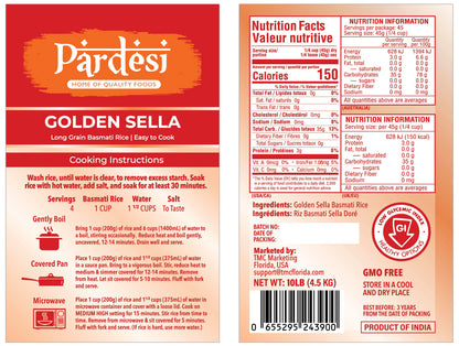Basmati Golden Sella Parboiled Rice 10LB - Easy to Cook - Low Glycemic Index