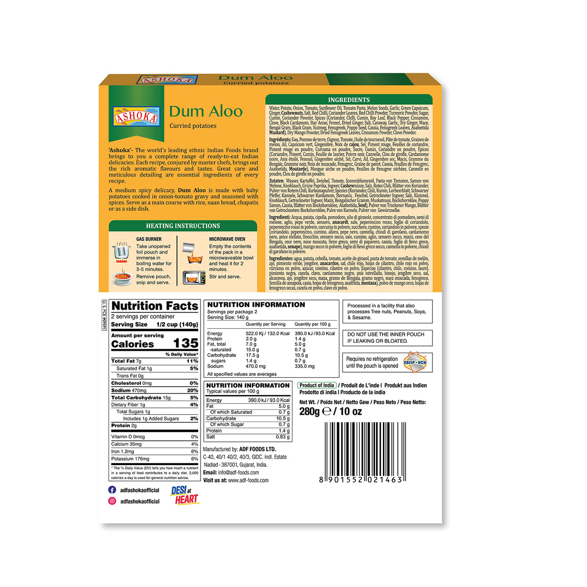 Ashoka Since 1932, All-Natural, Potato Curry, Ready to Eat Traditionally Cooked Indian Food, Heat & Serve Meals, Plant-Based Meals, Gluten-Free, and with No Preservatives, Vegan Pack of 10