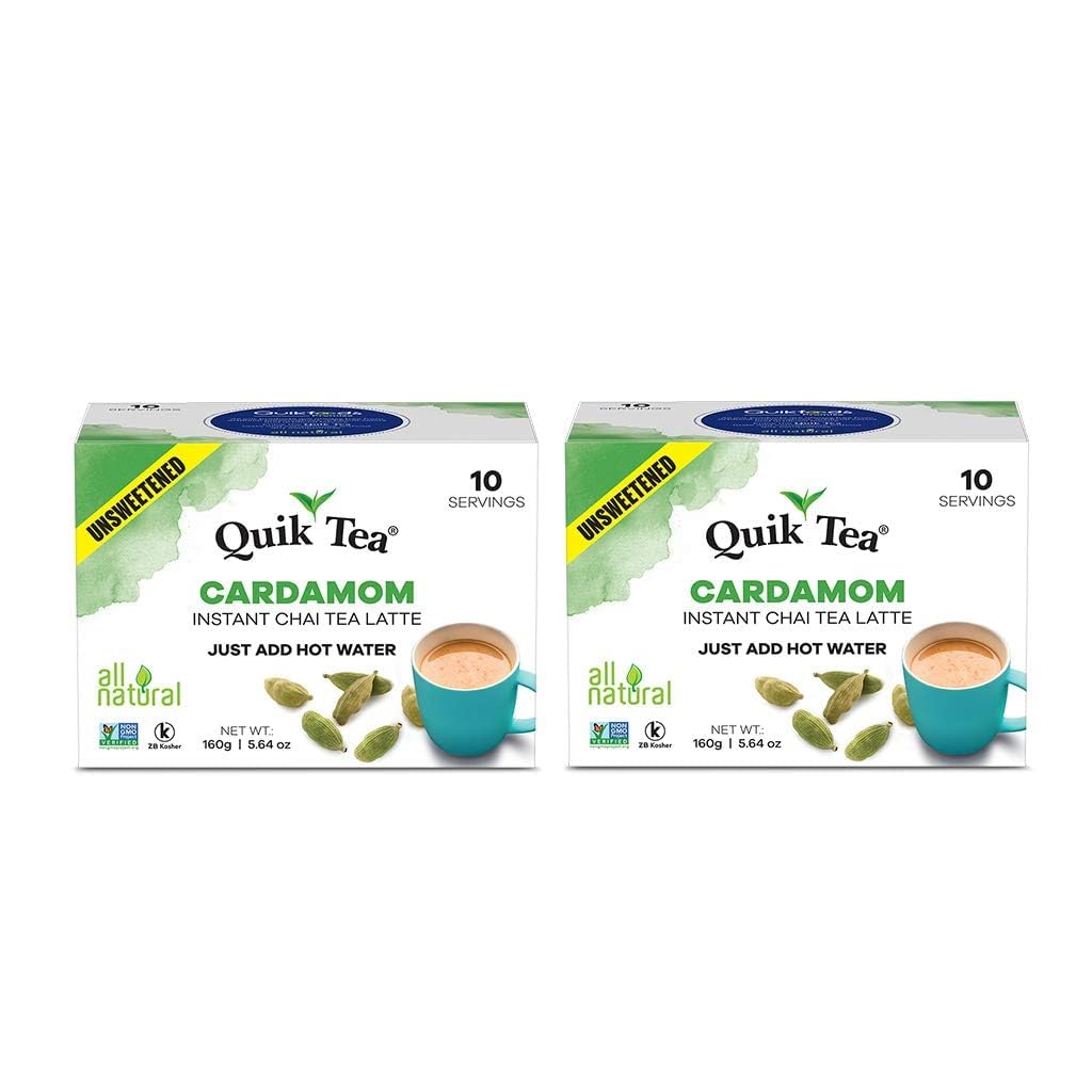 QuikTea Unsweetened Cardamom Chai Tea Latte - 20 Count - All Natural Preservative Free Authentic Chai from Assam & Darjeeling