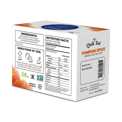 Quik Tea Pumpkin Spiced Masala Instant Chai Tea Latte Premix - 10 Count Single Box - All Natural Preservative Free Seasonal Convenient Chai